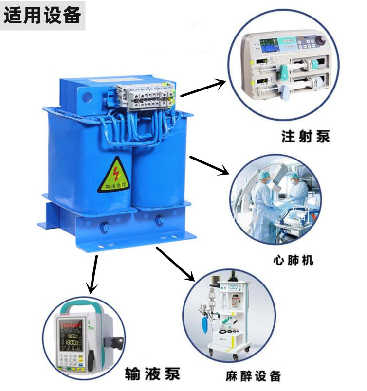 醫(yī)用隔離變壓器主要適用于注射泵，心脈機，麻醉設(shè)備、輸液泵等醫(yī)療設(shè)備